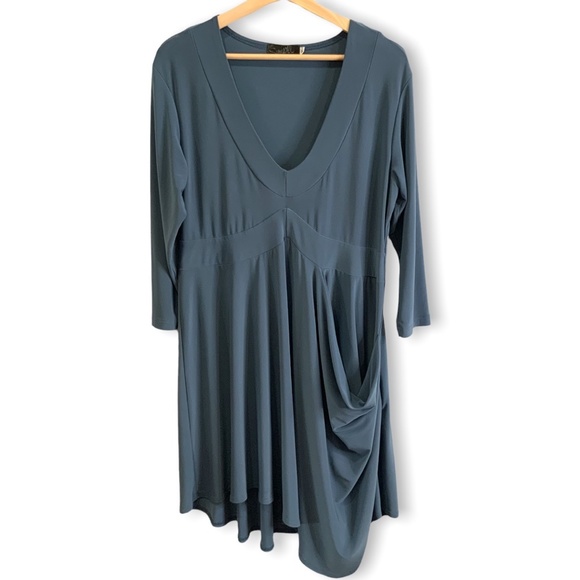 Sympli Dresses & Skirts - SYMPLI Dusty Blue Lagenlook Draped Midi Dress w/Pocket Sz 12 MADE IN CANADA